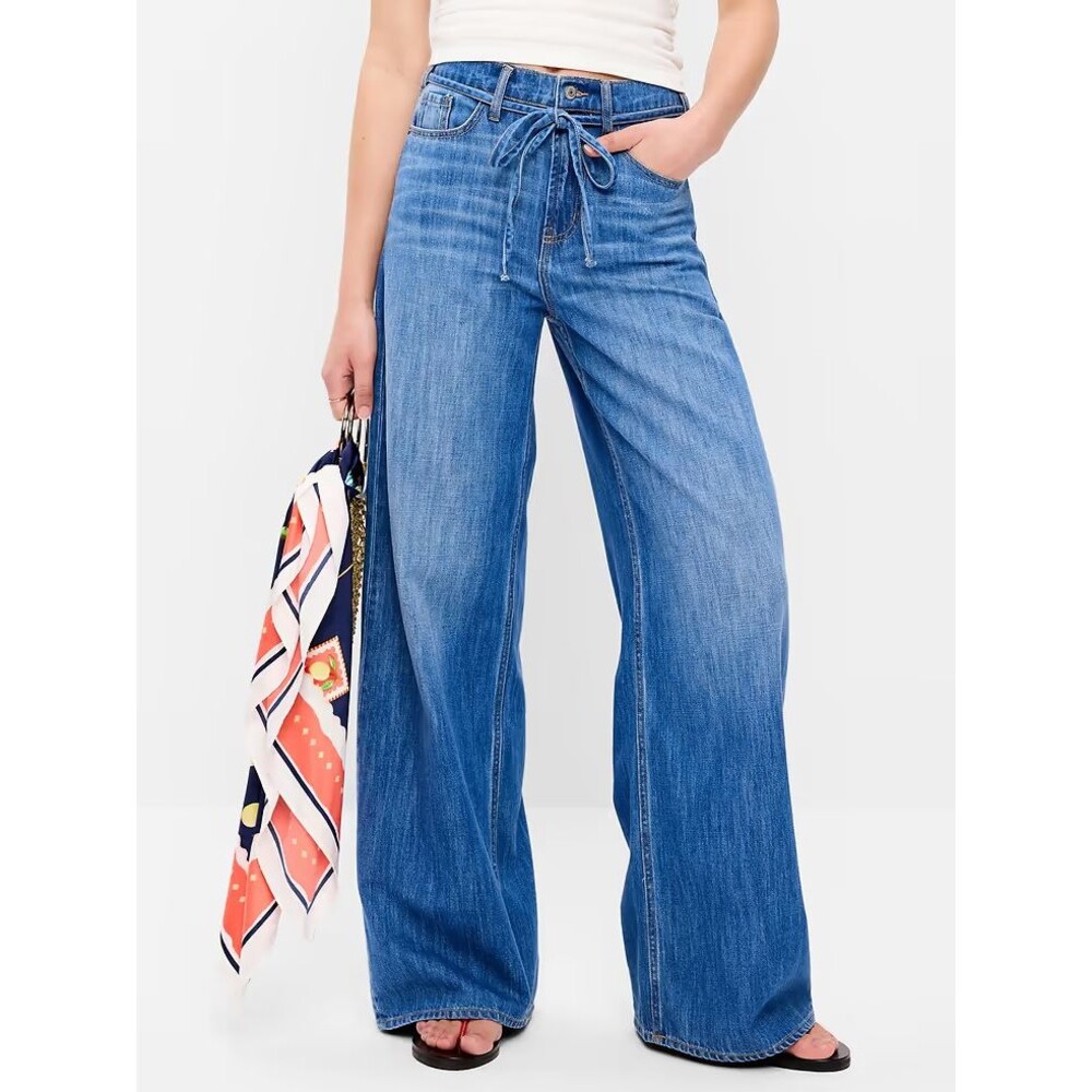 Old Navy High Rise Drapey Wide-Leg Jeans Womens 16 Blue Dark Wash Drawstring NEW